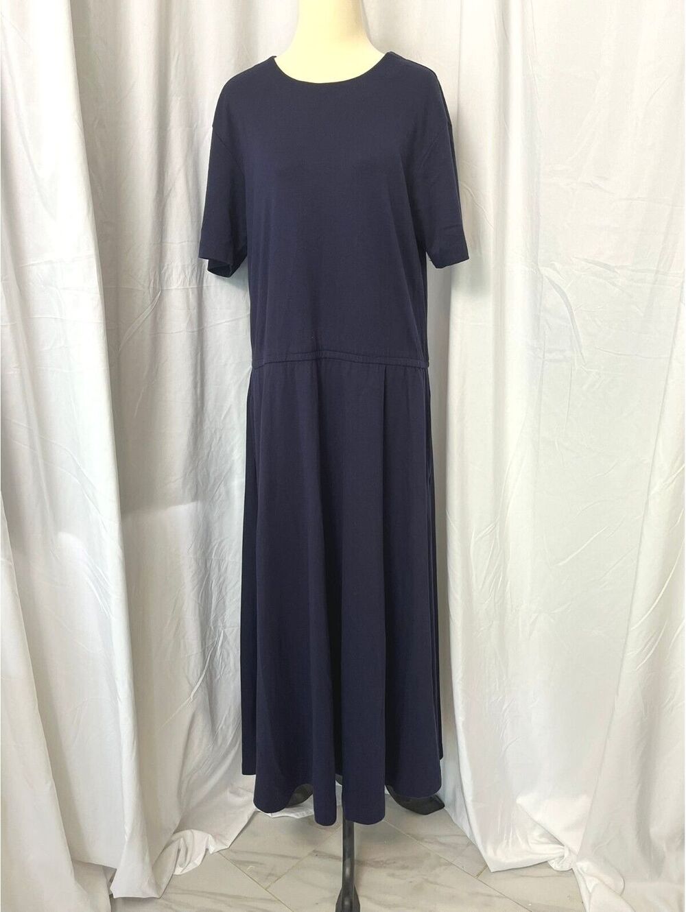 Vintage 80s 90s Lands End Navy Blue Cotton Knit Sweatshirt Dress Size Medium